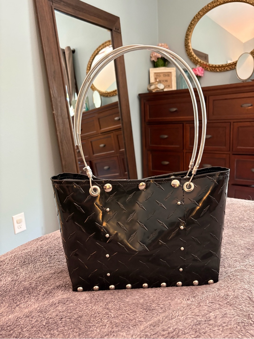 Hardware by Renee Black Patent Tote with Silver Hoop Handles - Picture 3 of 10